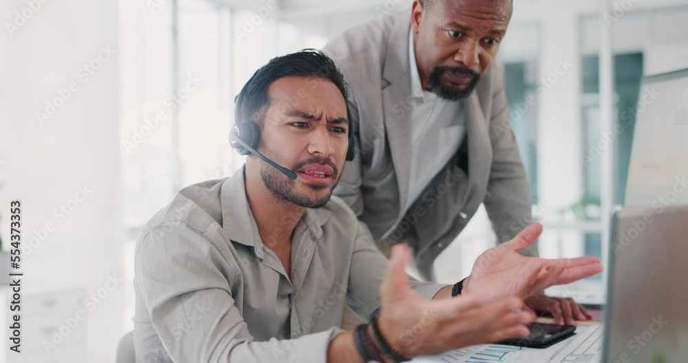 Poster Call center, help and manager with team support, problem solving and solution for software error, website 404 and glitch. Information technology, confused and leader with employee advice for mistake
