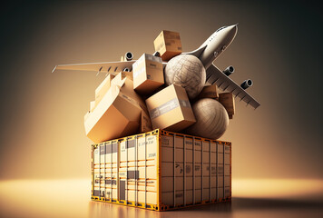 a stack of cardboard boxes and an aircraft air freight and package concepts airmail provides quick delivery of items and commodities banner text space for cargo airplane logistical connections to remo
