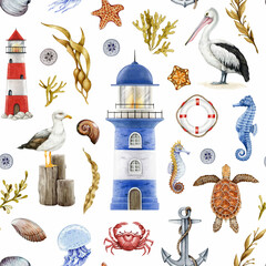 Fototapeta na wymiar Seaside elements seamless pattern. Watercolor illustration. Hand drawn lighthouse, anchor, pelican, gull, seaweed, crab, lifebuoy element seamless pattern. Vintage marine style. White background