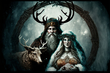 Pagan Christmas Yule Holiday Card Style Painting of Holly King and Winter Goddess  Generative AI
