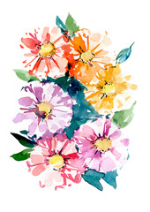 Bright daisies in a bouquet, watercolor illustration on a white background. A bouquet of colorful daisies for the design of the invitation.