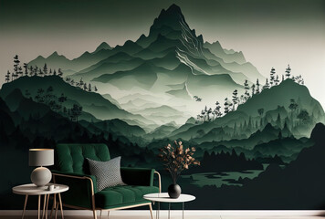 Mountain landscape, green monochrome, mural art, oil painting effect landscape, and landscape wallpaper design. Generative AI