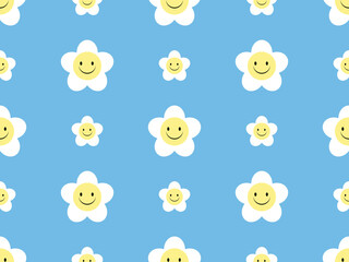 Flower cartoon character seamless pattern on blue background