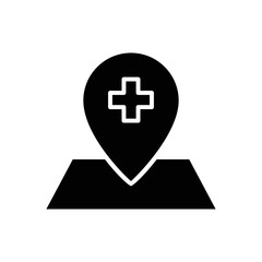 Hospital plus sign with map icon. Glyph icon style. suitable for hospital location icon. icon related to healthcare and medical. Simple vector design editable