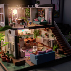 Miniature Interior of Futuristic Cyberpunk House Diorama with cute furniture and toys post production 3d digital illustration Generative AI Stock illustration
