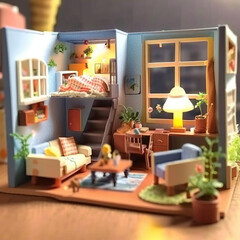 Miniature Interior of Futuristic Cyberpunk House Diorama with cute furniture and toys Generative AI technology