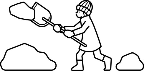 雪かき、雪はねをする女性のイラスト