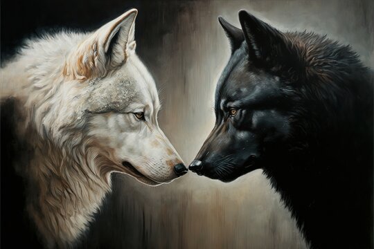 Ai generated illustration of a two wolf, black wolf and white wolf
