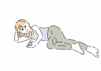 寝転んでスマホを操作している女性のイラスト