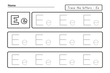 Trace letters e. uppercase and lowercase. Alphabet tracing practice preschool worksheet for kids learning English. Activity page for Pre-K, kindergarten. Vector illustration