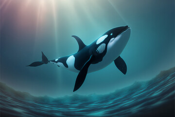 Orca Swimming in the Ocean, Killer Whale Digital Illustration, Concept Art
