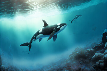 Orca Swimming in the Ocean, Killer Whale Digital Illustration, Concept Art