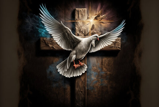 crucifix and a peace dove bird on a magnificent Good Friday background. Generative AI
