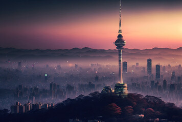 Obraz premium Skyline of Seoul, South Korea, showing the Seoul Tower. Generative AI