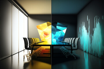 Futuristic / Retro conference room with bold vivid colors and contrasts. Work environment. Generative AI