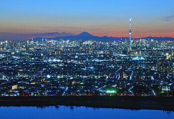 Silhouette of Mount Fuji and Tokyo City at night
