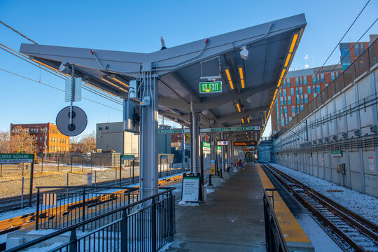 Boston Metro MBTA Green Line Gilman Square station in city of Somerville, Massachusetts MA, USA. The station is Green Line Extension opened on Dec. 12, 2022.