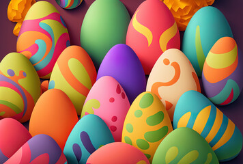 Fototapeta na wymiar Easter egg backdrop with vibrant, colourful, and eggs believable animated eggs Easter symbol. Generative AI