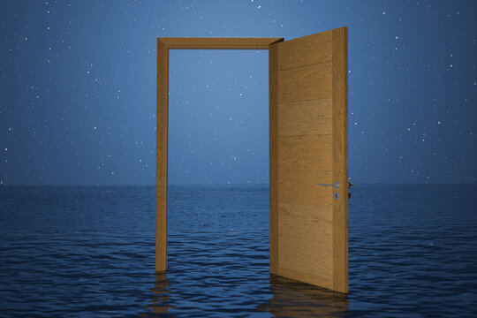 Abstact 3d render natural background, Wood door on the sea backdrop night sky and glowing stars at night for product display advertising, cosmetic, skincare or etc