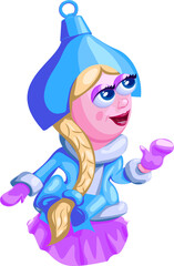 Christmas tree toy Snow Maiden with hair braid. Vector illustration of New Year's toy snow maiden in fur coat, mittens and kokoshnik