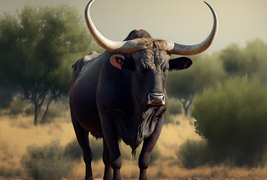 Large bull in Spain with large horns. Generative AI