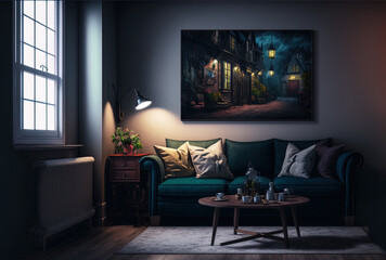 interior of a living room at night in a moonlit house. Generative AI