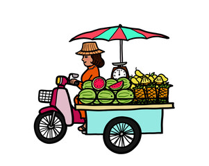 Street food motorcycle selling tropical fresh fruit, Thailand.
