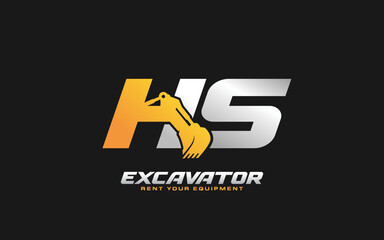 HS logo excavator for construction company. Heavy equipment template vector illustration for your brand.