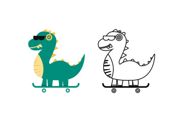 Cute drawing dino listening music on skateboard for kids