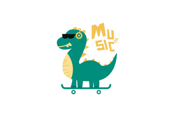 Cute dino listening music on skateboard concept design illustration