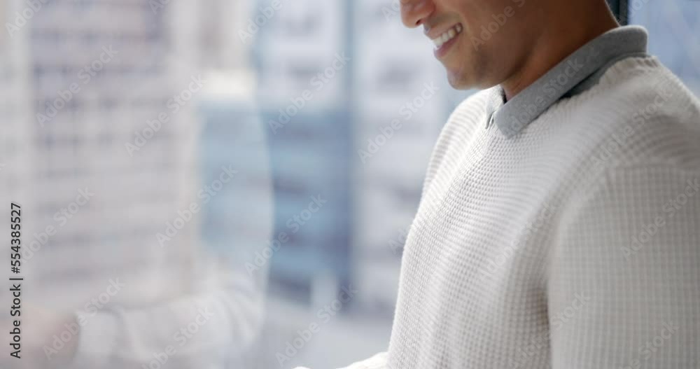 Aufkleber man, phone and smile typing conversation by window in apartment for social media posts, reading onli