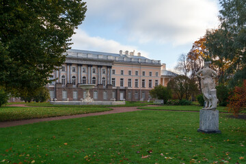 View of the Catherine Palace and the statue of the Dancer in the private garden of the Catherine...