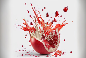 On a white backdrop, ripe pomegranate seeds are seen with juice splatters. Generative AI
