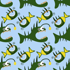 Monster fish vector ilustration seamless patern.Great for textile,fabric,wrapping paper,and any print.