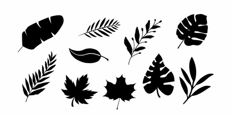 Leaves icon flat style black white set. Stock vector.