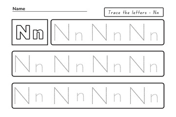 Trace letters n. uppercase and lowercase. Alphabet tracing practice preschool worksheet for kids learning English. Activity page for Pre-K, kindergarten. Vector illustration