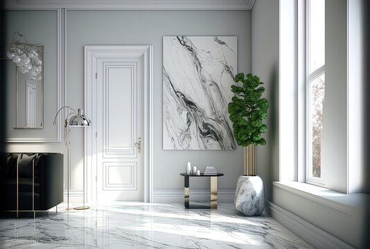 White marble floors are utilized for interior design and as the backdrop wall in the studio where your items are displayed. Generative AI