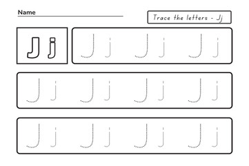 Trace letters j. uppercase and lowercase. Alphabet tracing practice preschool worksheet for kids learning English. Activity page for Pre-K, kindergarten. Vector illustration