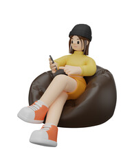 character woman wearing yellow long sleeves with short skirt. relax at brown bean bag, on transparent background. 3D rendering