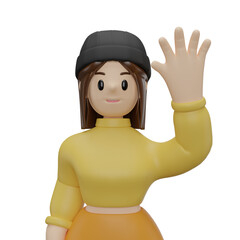3D women waving hand. close-up camera. Cute character cartoon smiling saying hello, on transparent background. 3D rendering