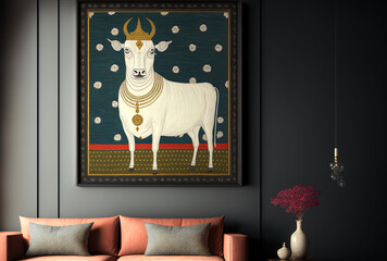 A stunning Shreenathji Pichwai painting with a white cow for the temple room. Ethnic wall coverings for interior decorating. Generative AI
