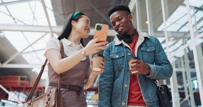 Shopping Mall, Smartphone And Couple Of Friends On Social Media, Website Or Blog For Discount, Sales And Travel Communication. Diversity Gen Z People Walking, Using Phone Or Cellphone And Coffee Cup