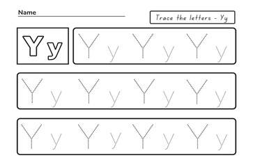 Trace letters y. uppercase and lowercase. Alphabet tracing practice preschool worksheet for kids learning English. Activity page for Pre-K, kindergarten. Vector illustration