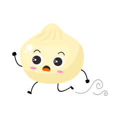 Kawaii cartoon dumpling icon. Character of dumpling. Xiaolongbao. chibi. Illustration emoji dumpling man in flat style.  run, panic