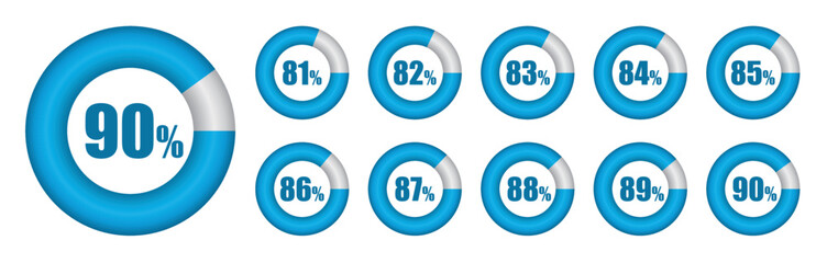 Vector set of Pie chart from 81 to 90 percent. Vector illustration.