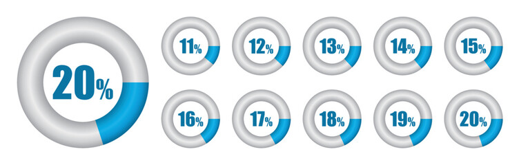 Vector set of Pie chart from 11 to 20 percent. Vector illustration.