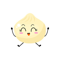 Kawaii cartoon dumpling icon. Character of dumpling. Xiaolongbao. chibi. Illustration emoji dumpling man in flat style. happy, jump, fun expression