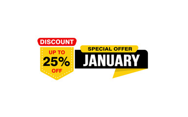 25 Percent JANUARY discount offer, clearance, promotion banner layout with sticker style.
