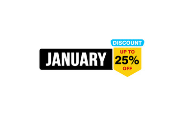 25 Percent JANUARY discount offer, clearance, promotion banner layout with sticker style.