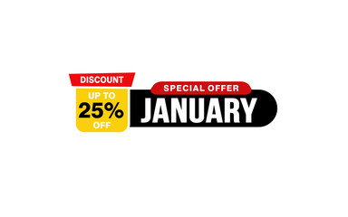 25 Percent JANUARY discount offer, clearance, promotion banner layout with sticker style.